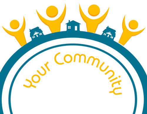 a clipart illustration of 4 yellow silhouettes of people in between 3 blue sillohetes of houses above text that reads "Your Community"  