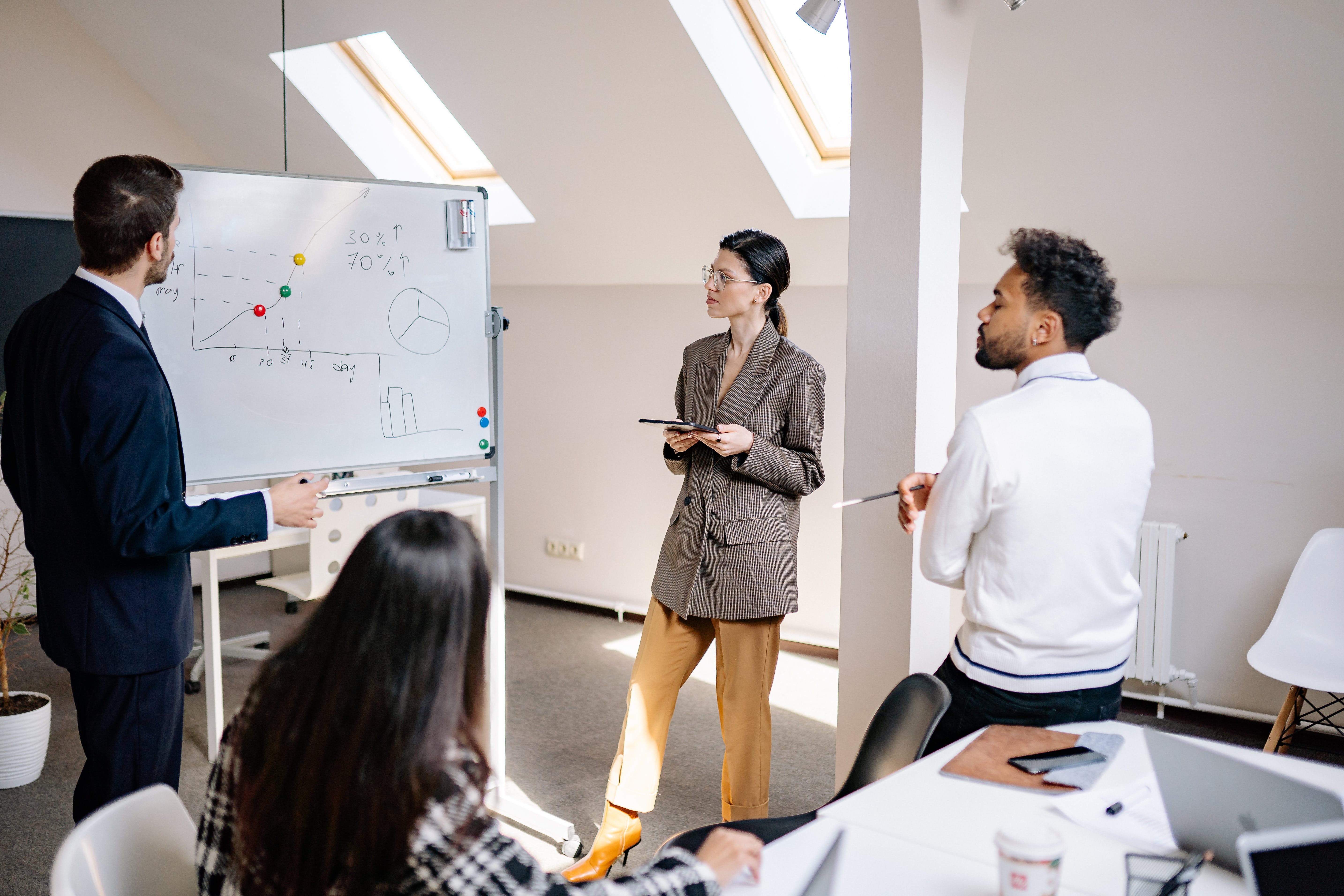 A group of people looking at a white board